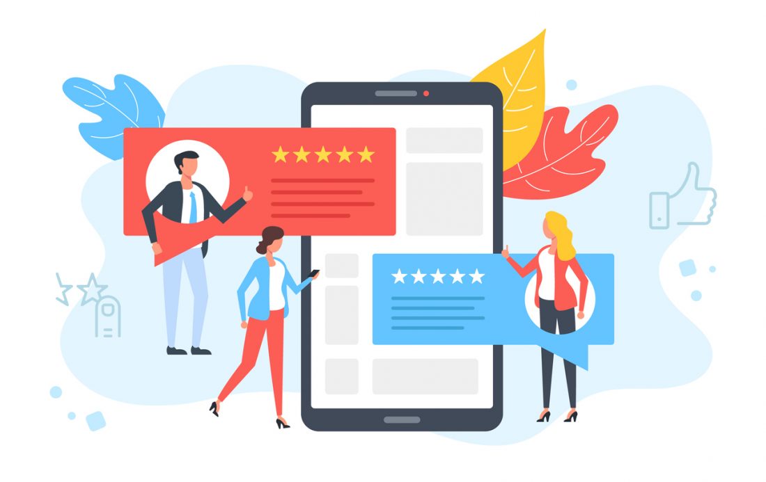 Customer reviews. People rate, online comment, recommend and give 5 stars. Positive feedback, client satisfaction concepts. Smartphone, mobile phone with testimonials on screen.